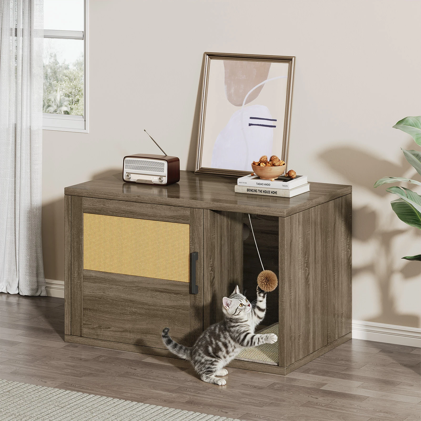 

Cat Litter Box Enclosure Furniture Cabinet Odor Control with Scratching Pad Wooden Cat House Side End Table for Living Room