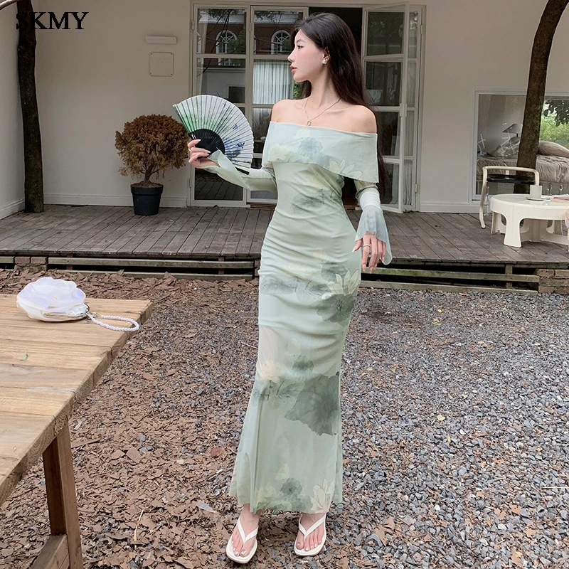SKMY 2025 ชุดเดรสกี่เพ้าลายดอกไม้ฤดูร้อน - บอดี้คอนทรงเข้ารูปพร้อมตาข่ายเชียร์ ชุดราตรีเซ็กซี่สไตล์จีนหรูหรา