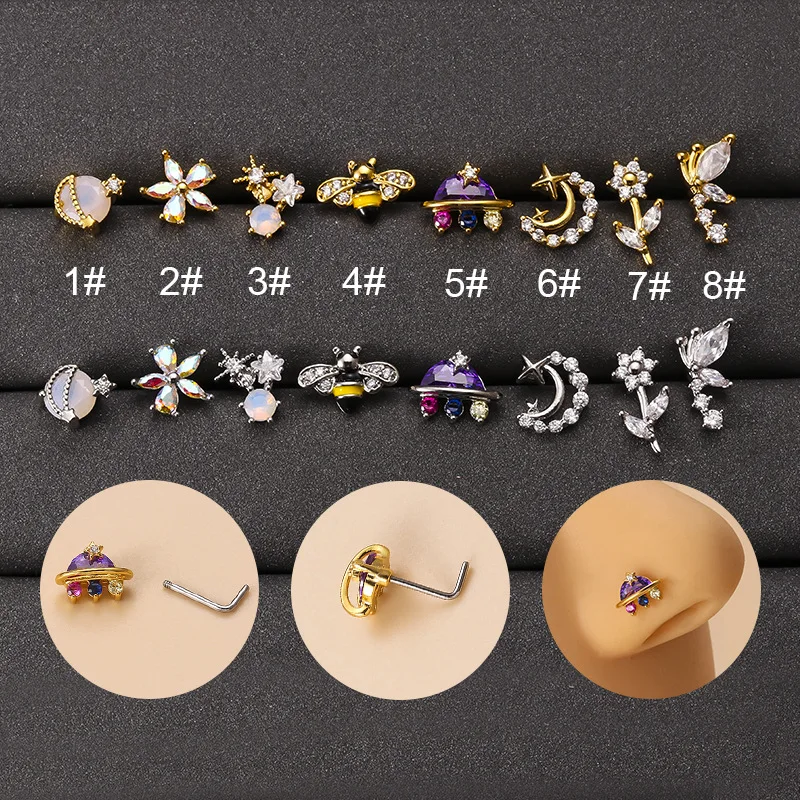 1Piece Flower Moon Butterfly L Nose Studs 20G Stainless Steel Multicolor CZ Nose Stud Ring for Women Helix Nose Piercing Jewelry