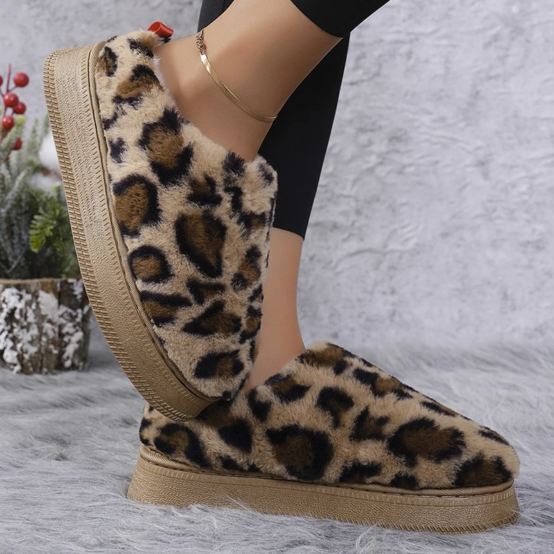 Autumn Winter Leopard Womens Snow Boots Warm Casual Boots Wool Thick Soles Without Heel-covered Hair Half Slipper Cotton Shoes