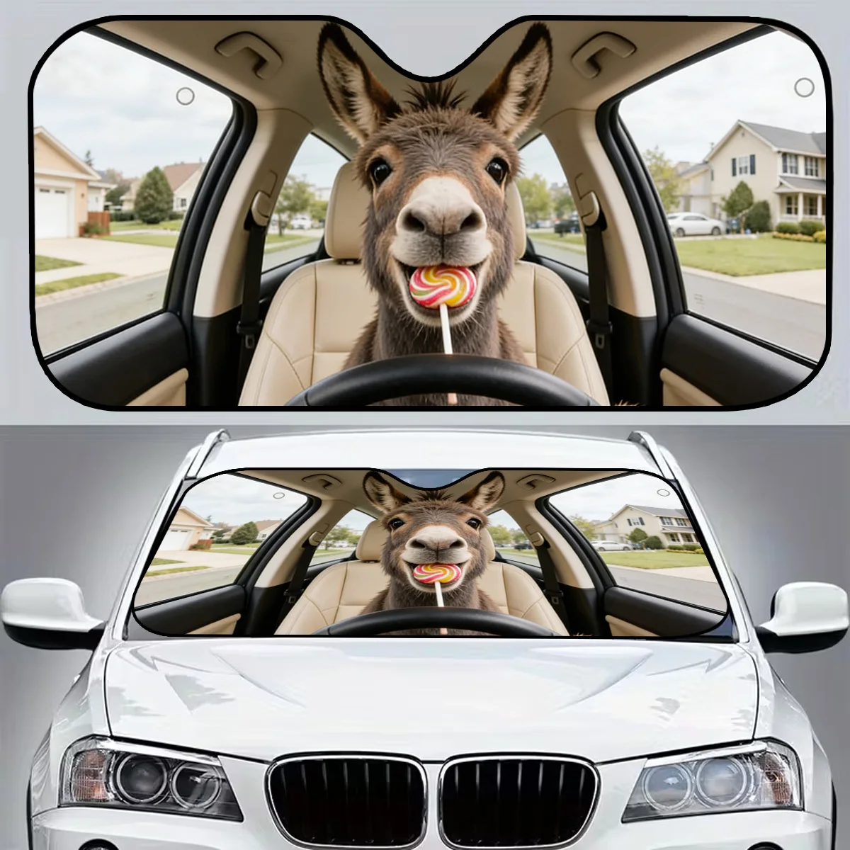Cute Donkey Design Car Sunshade Foldable for Easy Storage Protective Sunshade to Keep Car Cool Convenient Suction Cup