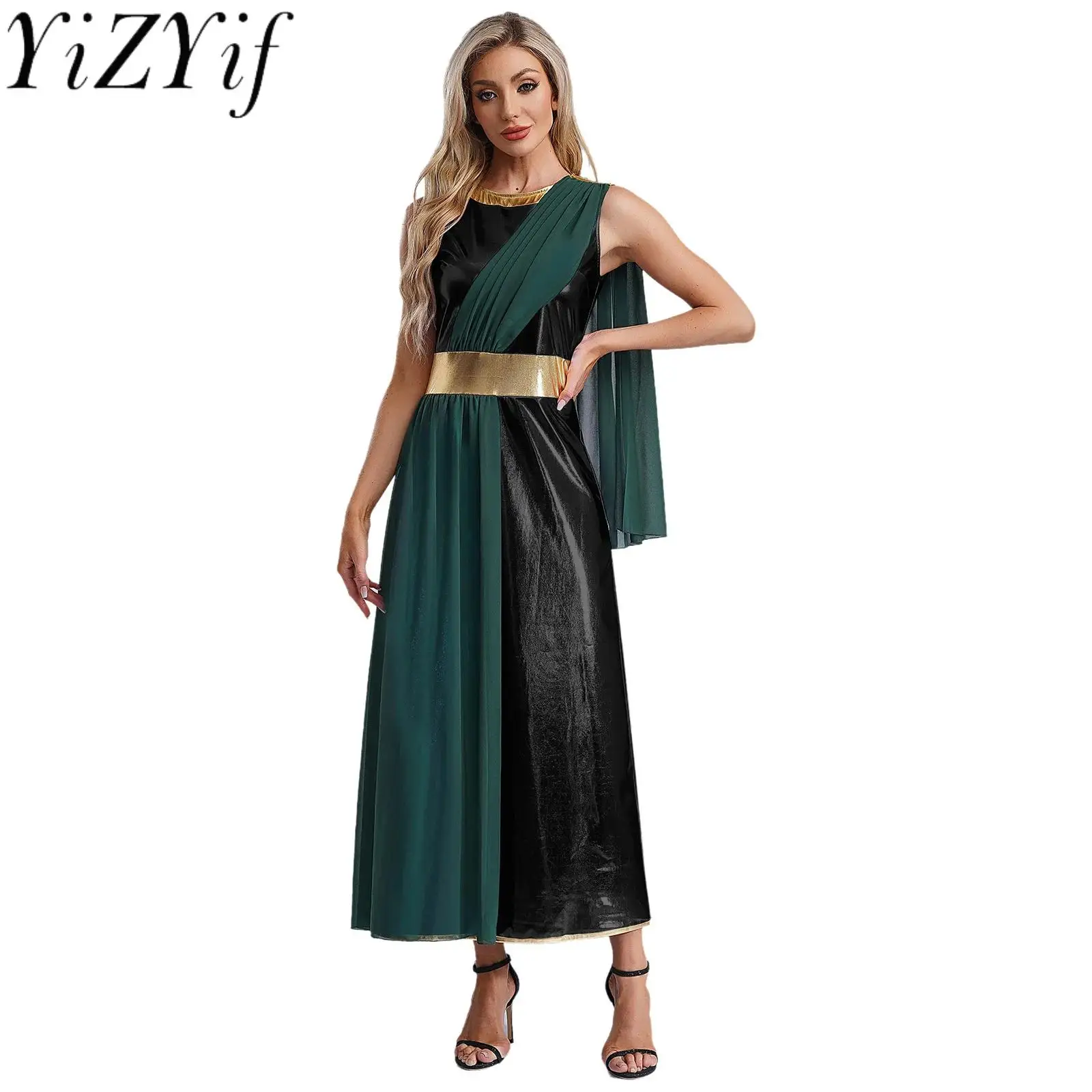 

Women Ancient Greece Egyptian Queen Cosplay Dress Sleeveless Toga Shiny Tunic Dress for Carnival Halloween Performance Uniform
