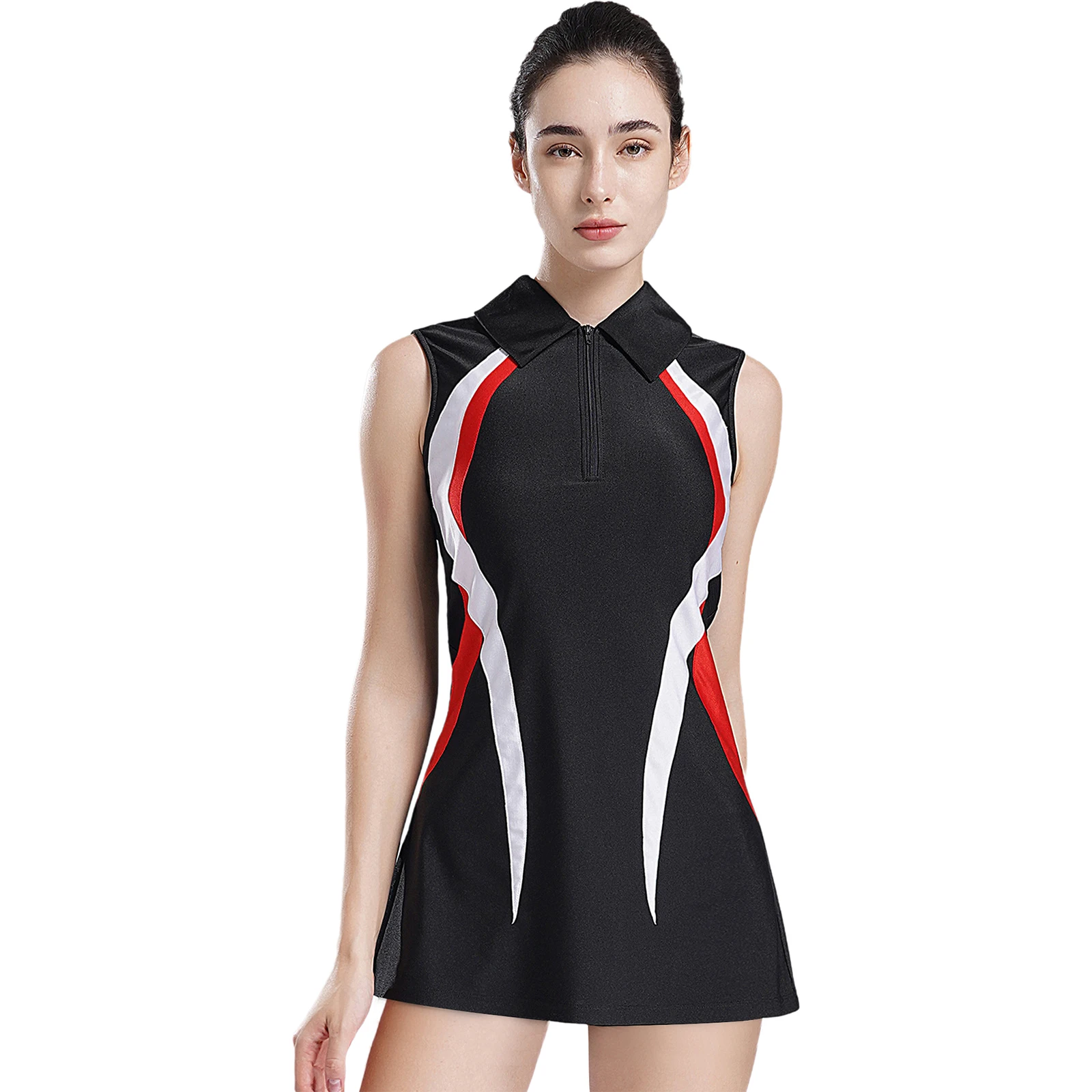 Women Adults Golf Tennis Dress Badminton Sportswear Sleeveless Zipper Slim Fit Athletic Dresses Workout Running Biking Costume