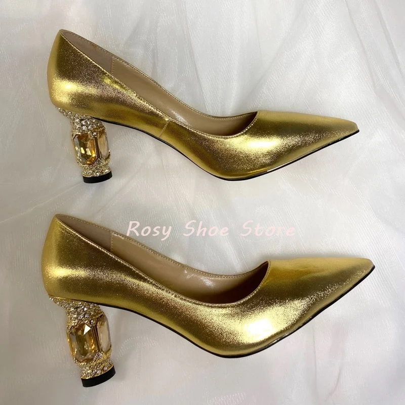 

Bright Golden Wrapped Pointed Toe Sparkling Diamond Setting Chunky Heel Pumps Black Matte Leather Mature Lady Daily Office Pumps