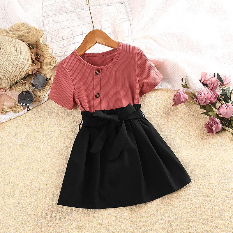 Girl Two Piece Set Summer New Solid Color Short Sleeve & Black Skirt Sweet Elegant Vacation Daily Casual Preppy Style Outifits