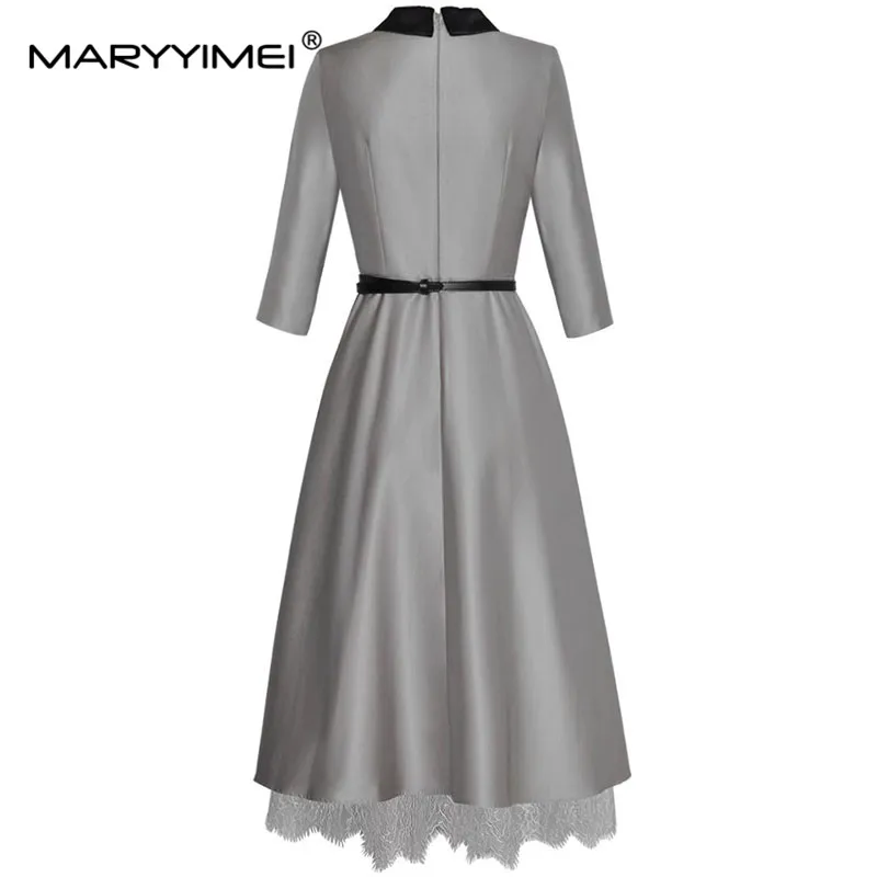 MARYYIMEI Fashion Runway dress Spring Summer Woman\'s Dress Three Quarter Sleeve Lace-up Patchwork Lace Commuter Elegant Dresses