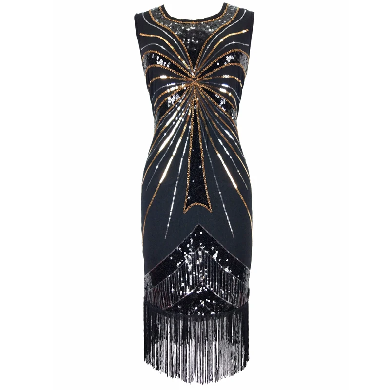 

Roaring 1920s Great Gatsby Dress O-Neck Sleeveless Beaded Sequin Tassel Party Dress Classic Little Black Dress Flapper Costumes