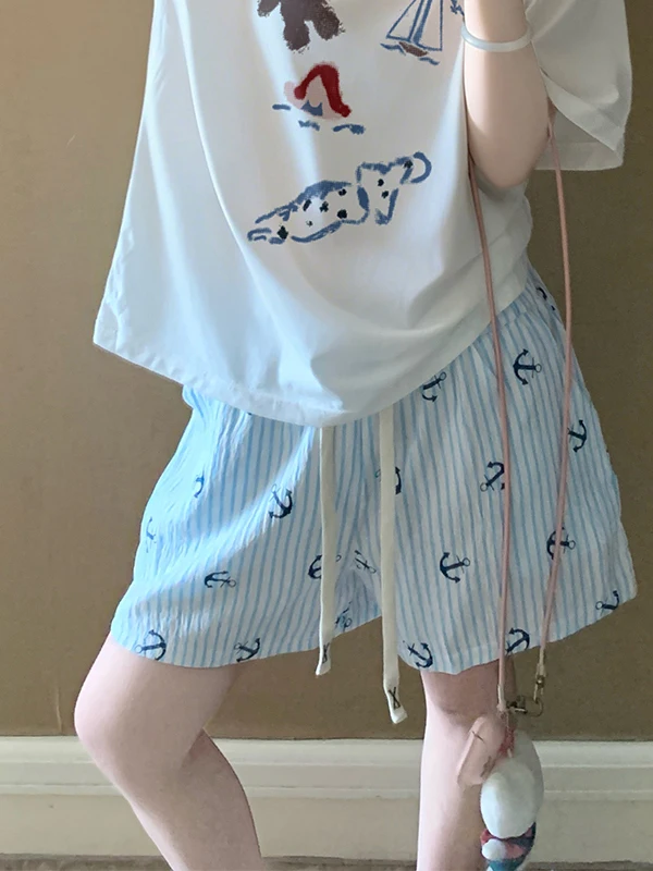 Korean Style Vertical Striped Short Sleepwear Women's Summer Lazy Loose Casual Beach Hot Pants Outdoor Wearable Comfortable U...