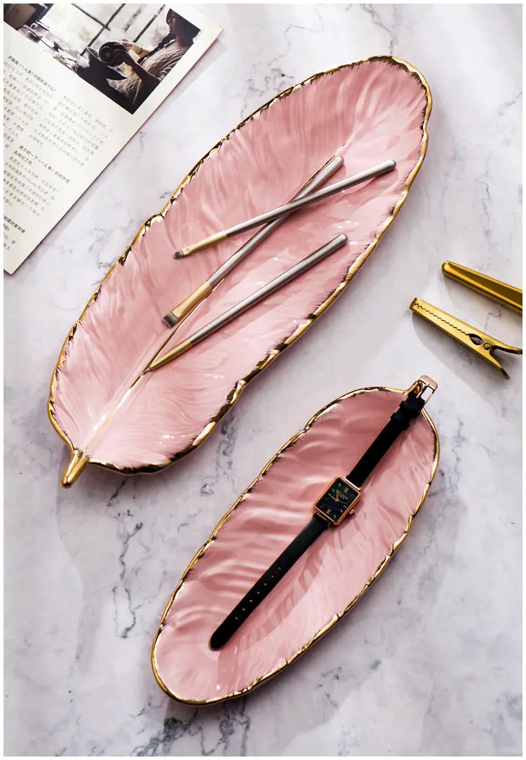 Creative Feather Platter Banana Leaf Ceramic Plate Home Decor Jewelry Storage Tray Dim Sum Serving Dish Decorative Organizer