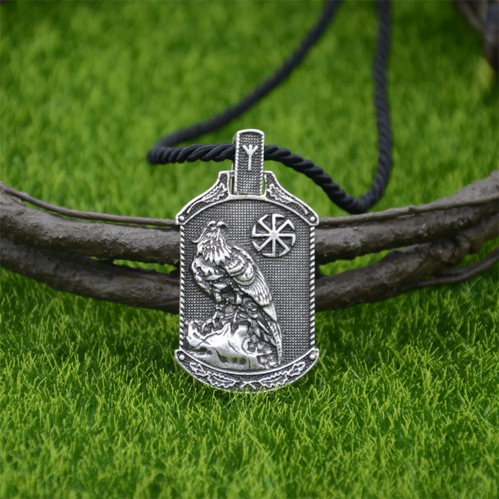 Eagle Pendant Slavic Kolovrat Amulet Jewelry Viking Runes Algiz Clasp Vintage Necklace Men Talisman