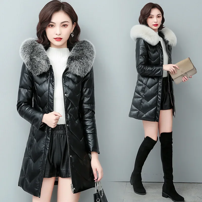 Women Leather Jacket Mid-length Hooded 90% White Duck Down Coat Woman Clothes Slim fall Winter Warm Fox Fur Collar Jaqueta Couro