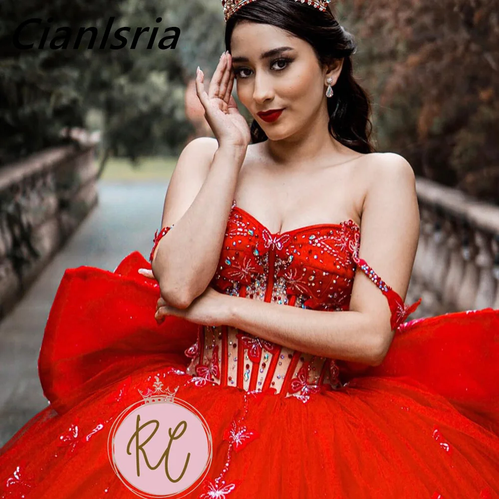 Vestido De fiesta rojo con hombros descubiertos para quinceañera, vestido De mariposa 3D, ilusión De cristal con cuentas y lazo, corsé, 15 Años