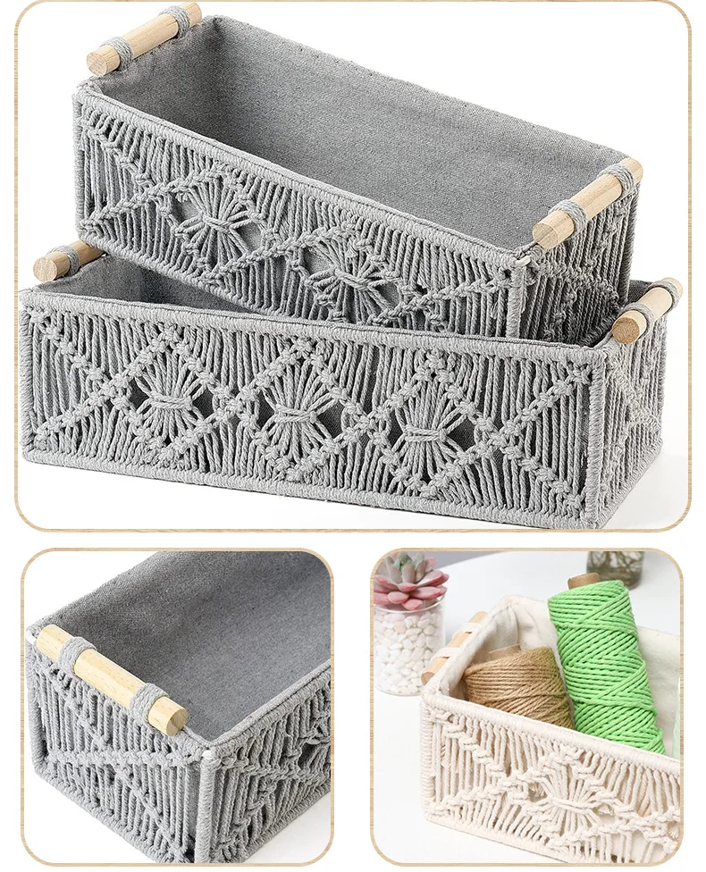 Handwork Woven Rectangle Basket Cotton Rope Macrame Storage Box Sundries Cosmetic Organizer Bin Photography Prop Home Decor