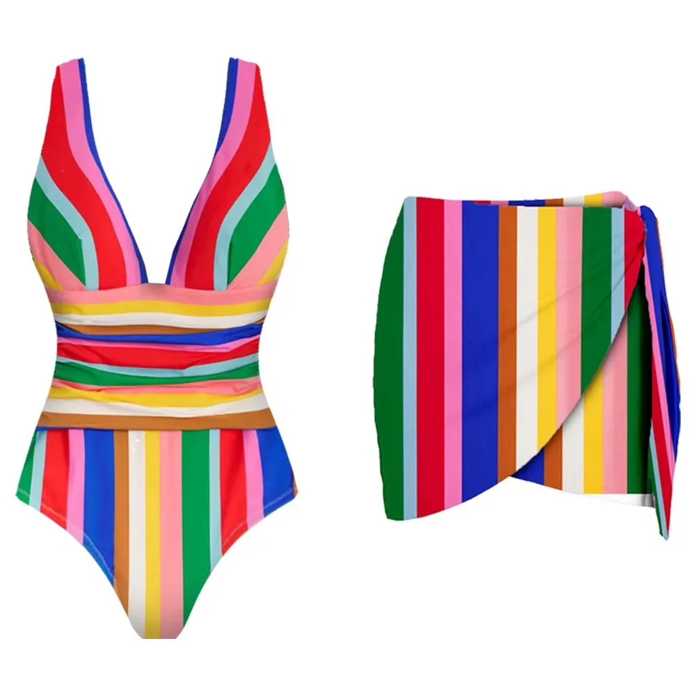 

2025 Women's Swimwear Rainbow Striped Dopamine One-Piece Swimsuit - Sexy Bathing Suit Deep V Neck & Back Cutout Beachwear
