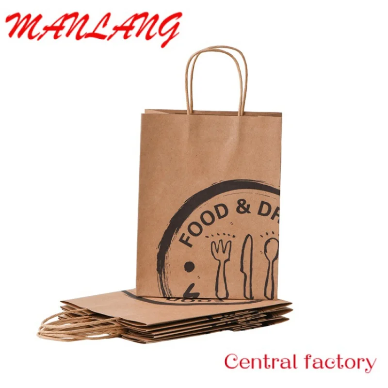 Custom  paper bags with your own logo Food Take Away Brown kraft Paper Bag With Handle