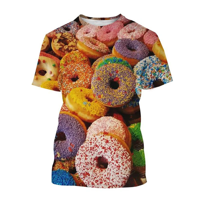 

Новая футболка с 3D принтом, шоколадный пончик, футболка с рисунком еды для мужчин, Harajuku, повседневные футболки с короткими рукавами и круглым вырезом, топы