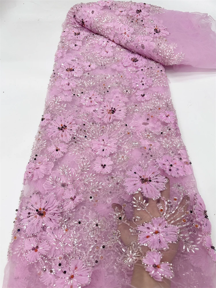 

Pink 3 d Flowers High Quality Nigerian French Lace Embroidered sequins Lace Fabric For Wedding Dress beads Lace FabricDX