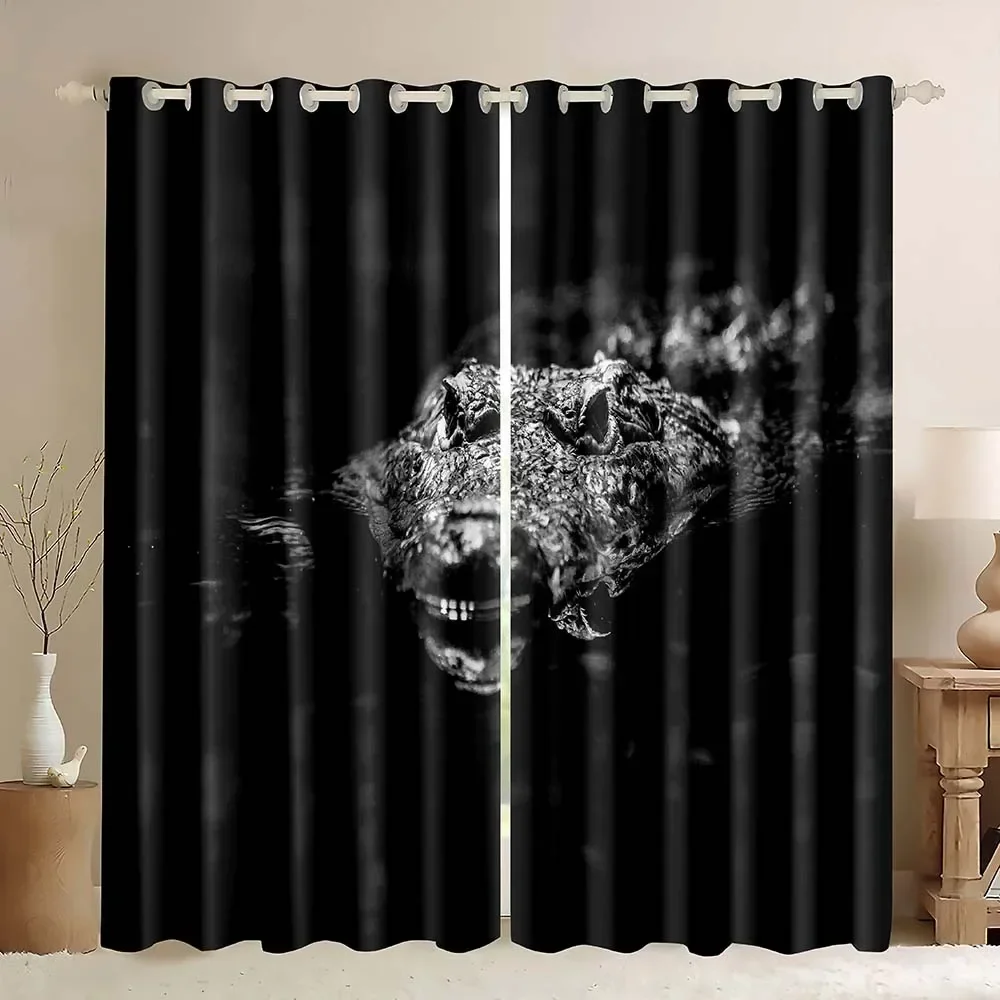 Alligator Window Curtain Panels,3D Crocodile With Black Background Crocodiles Wildlife Animal Blackout Curtains for Bedroom