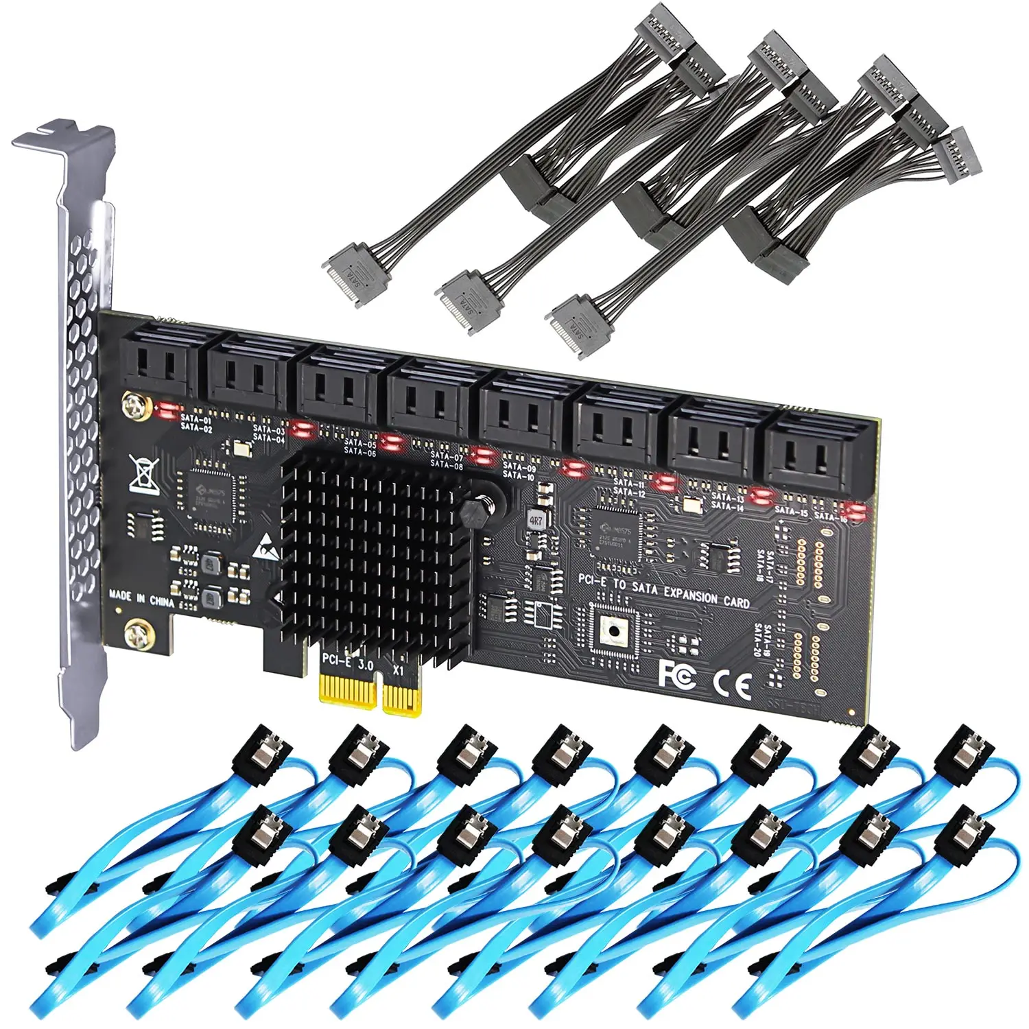 PCIe SATA Adapter Card with 16 Port SATA III 6Gbps (Including SATA Cables and 1:5 SATA Splitter Power Cable)