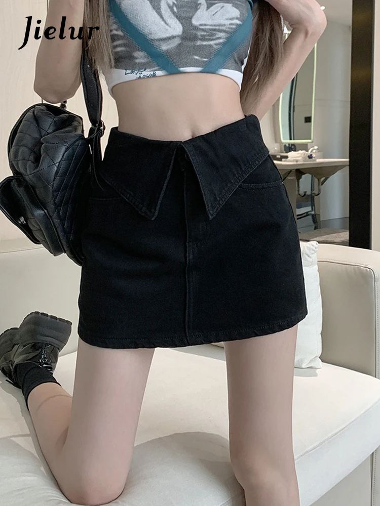 

Jielur Summer Vintage High Waist Denim Women's Skirt Summer Slim Solid Color Tight Hip Skirts Black Blue Simple A-line Skirts