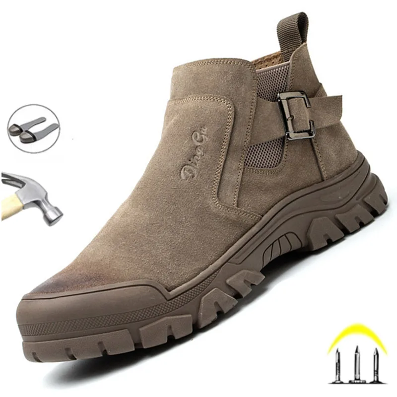 Cow Suede Work Safety Boots For Men Anti Nail Anti Scalding Welding Shoes Indestructible Steel Toe Outdoor Male Footwear