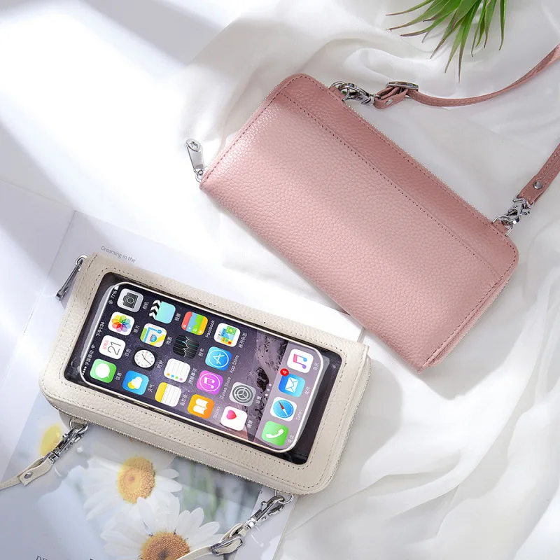 Genuine Leather Touch Screen Phone Shoulder Bag Luxury Tote Cowhide Handbag Crossbody Clutch Wallet Lipstick Pouch For Women