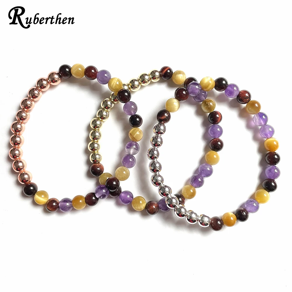 Ruberthen New Design Natural 6 MM Tiger Eye Amethyst Bracelet Crown High Quality Handmade Yoga Wrist Mala