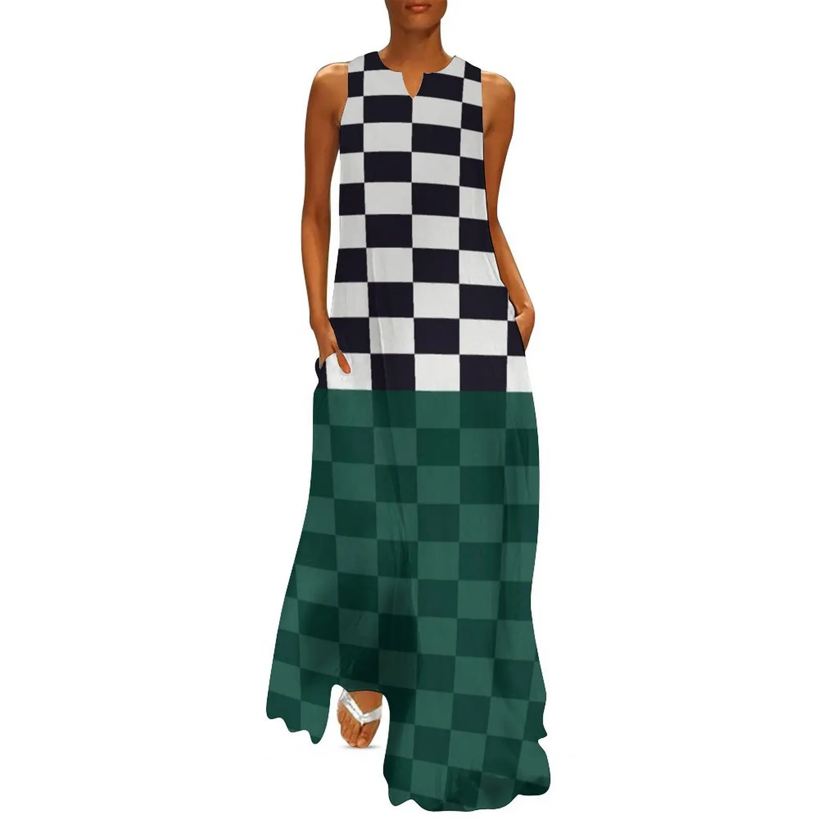 

Forest Green with Black and White Color Block Checker Long Dress women dresses