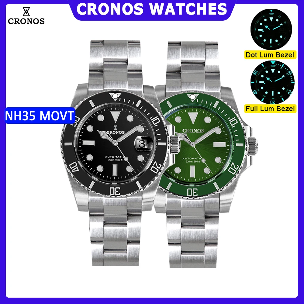 Cronos Sub Diver Men's Watch NH35 Date Window Brushed Bracelet Ceramic Bezel 200m Water Resistant