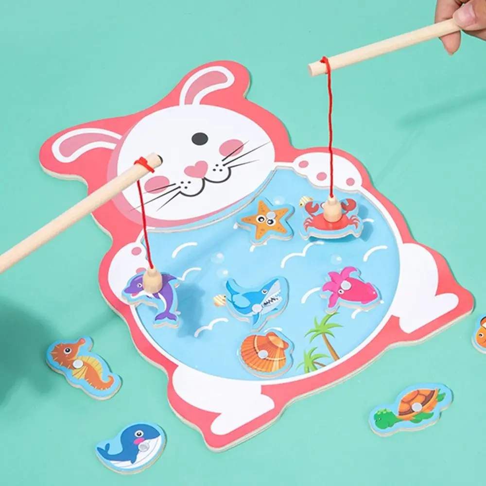 Interactive Animal Wooden Magnetic Fishing Game Rabbit Panda Cognition Fish Games Cat Parent-child Toys Preschool Learning