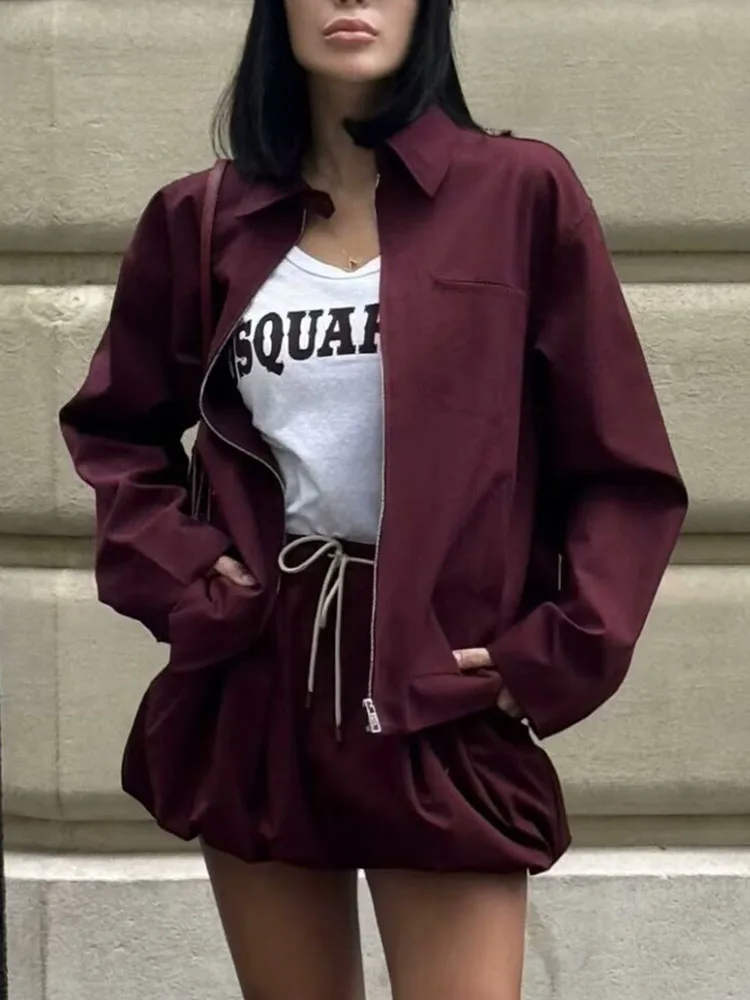 Burgundy Woman Vintage Jacket Zipper Canvas Casual Long Sleeve Short Coat 2024 Ladies Autumn High Street Elegant Outwear Chic