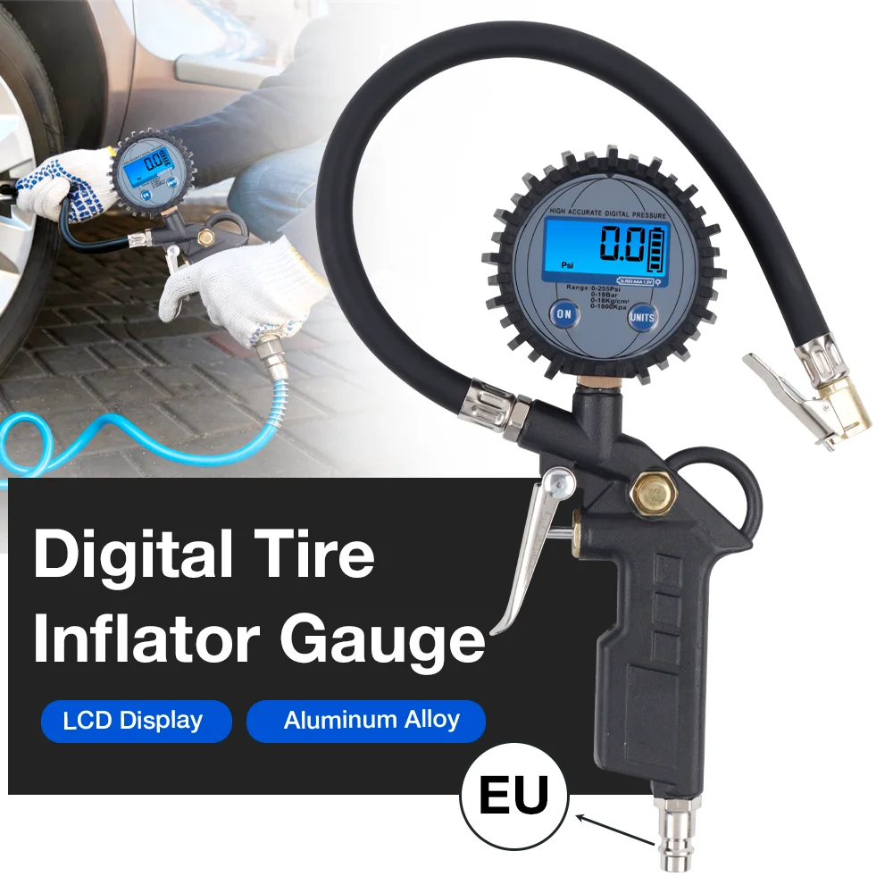 1Pc EU Digital Tire Pressure Gauge Inflator, Aluminum Alloy Tire Pressure Gun with LCD for Daily Maintenance and Pressure Check