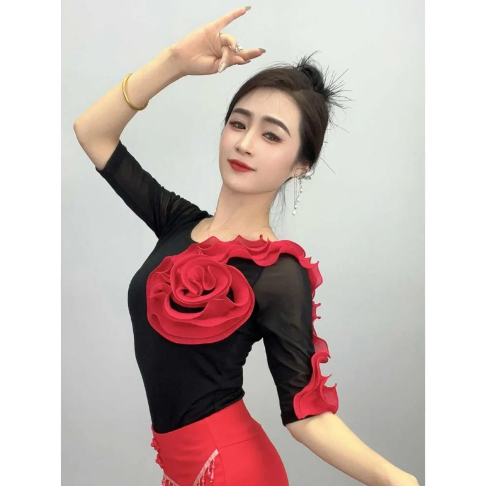 Women Modern Dance Shirt Round Neck Arm Wrap Square Dance Elastic Top Summer Fitness Sportswear Polyester Dance Training Blouse