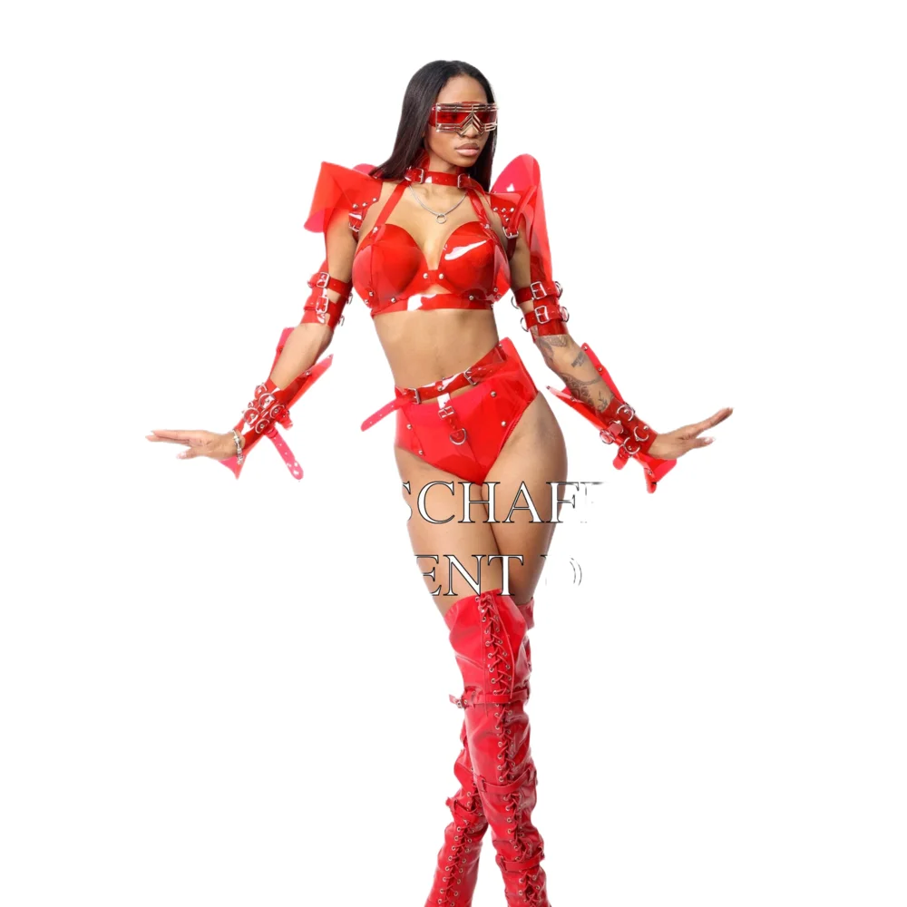 New Sexy Party Pole Dance Clothing Men Red Rivet Waistband Women Exaggerated Shoulder Bikini Gogo Costume Stage Rave Outfit Set