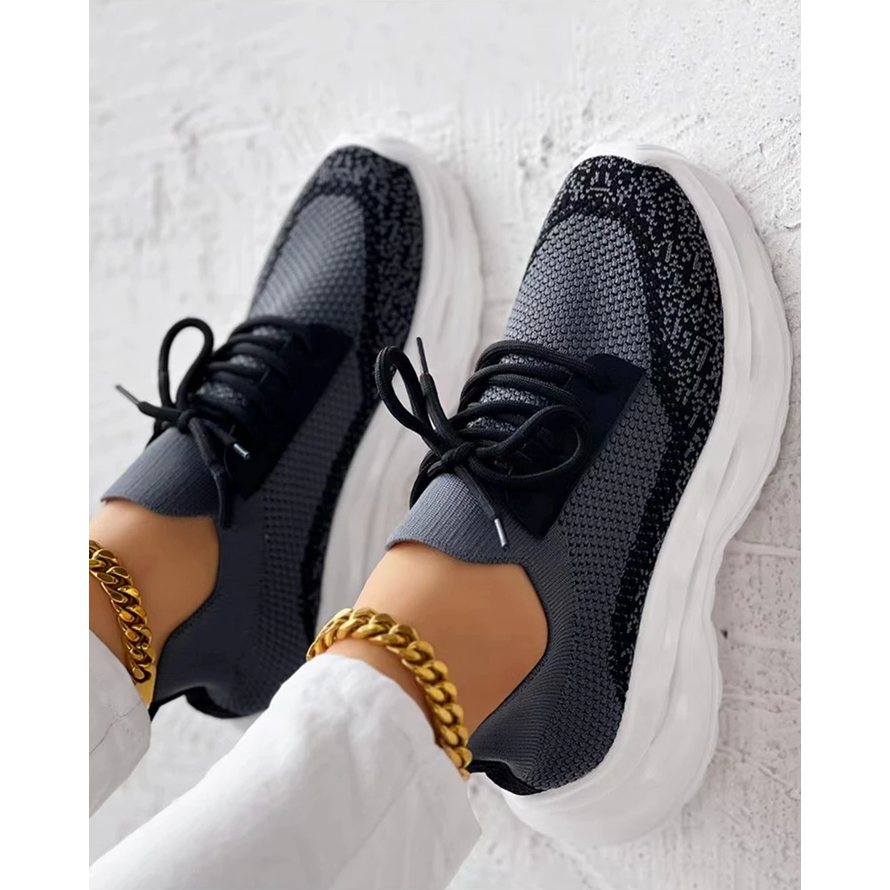 Women Lace-up Breathable Sneakers Spring Autumn Round Toe Platform Sports Casual Colorblock Running Shoes Fashion Korean Style