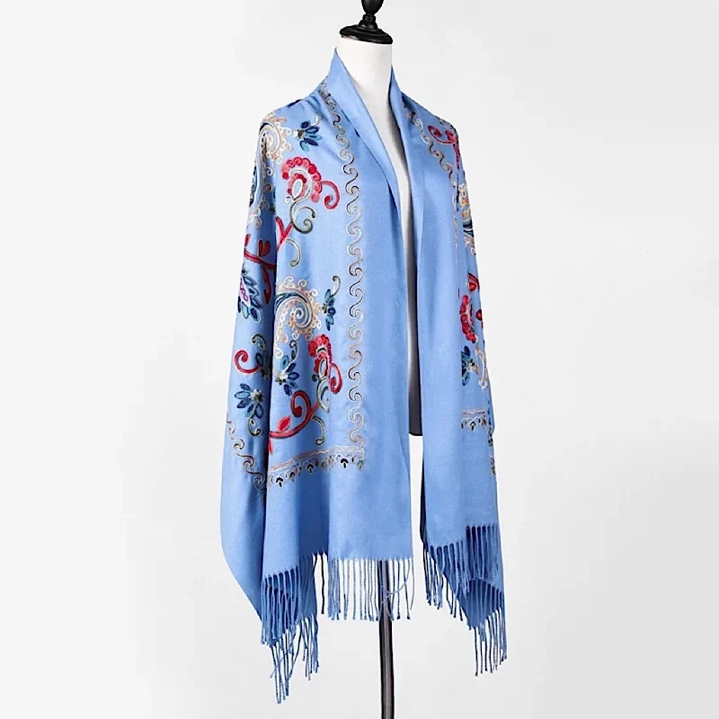 Poncho Cloak Embroidered Flower Scarf Imitation Cashmere Shawl Ethnic Style Tourism Cloak Warm and Wind Flowing Su Girl Beige