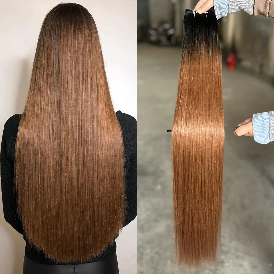 Bone Straight Hair Bundles Natural Hair Extensions Ponytil Brown Color Synthetic Yaki Straight Hair Weaving Full to End