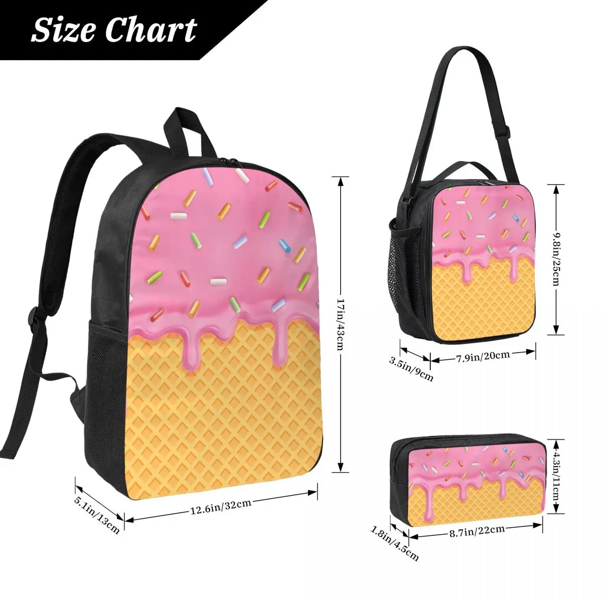 Strawberry Ice Cream Backpack Student BookBag School Bag Laptop Shoulder Bags 3ps Insulated Lunch Bag Pencil Case