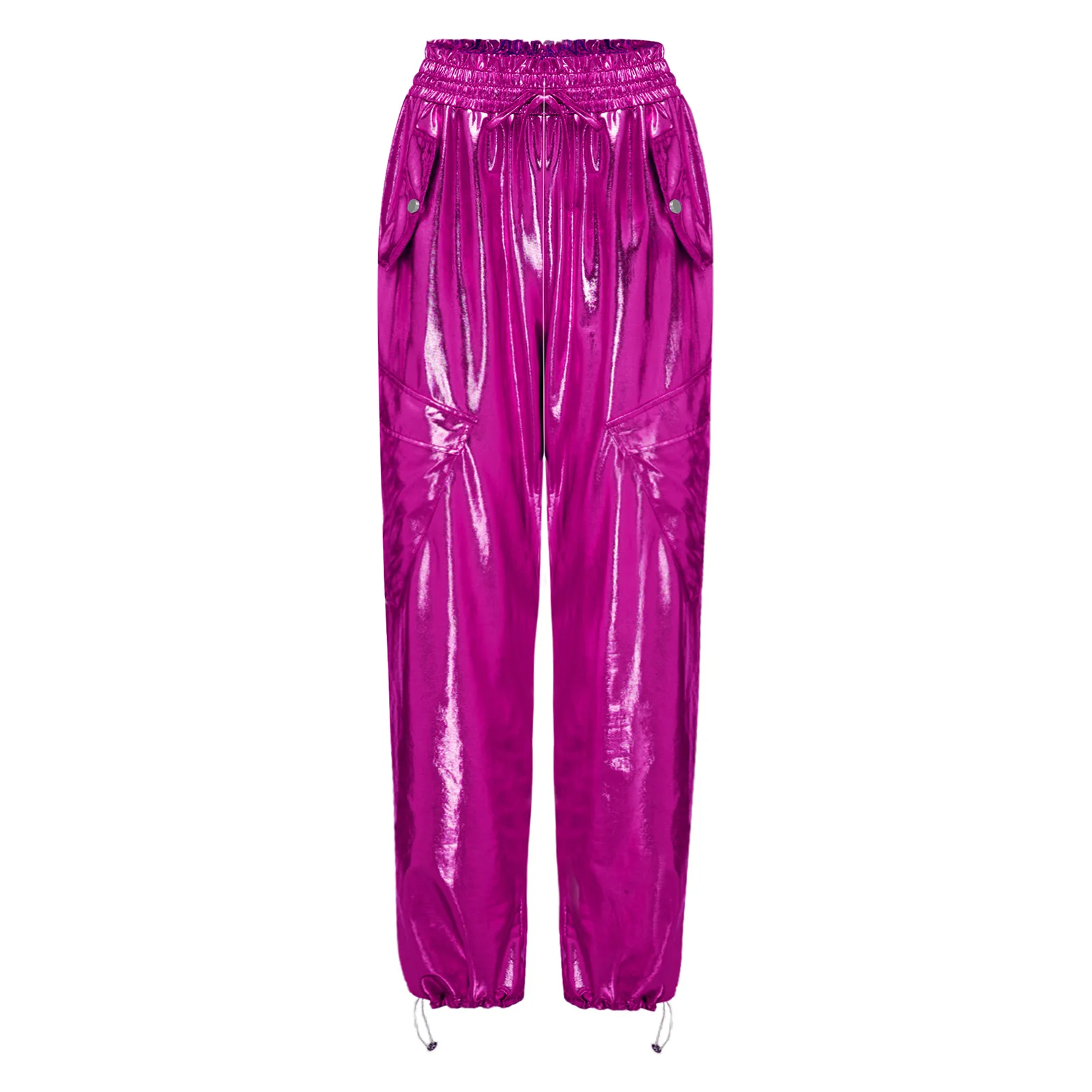 Women Metallic Modern Street Dance Cargo Pants Shiny Elastic Waistband Multi-pockets Jogger Trousers for Hip Hop Music Stage