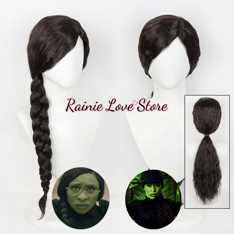 Movie Wicked 2024 Film Elphaba Cosplay Wig Ponytail Braid Long Hair Elphaba Cosplay For Halloween Party Role Play Suit Props