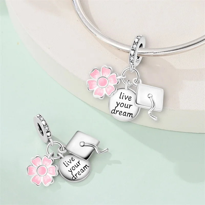 925 Sterling Silver Scholar Charms Bead CZ Zircon Graduation Bachelor's Hat Dangle Fit Original Bracelet DIY Women Jewelry Gift