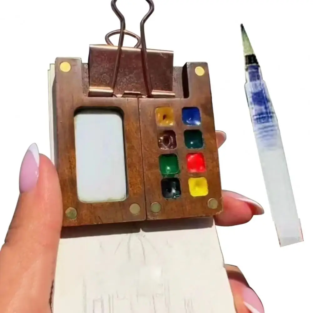 15 Grids Watercolor Palette with Metal Clip Paint Pen Mini Wooden for Artists