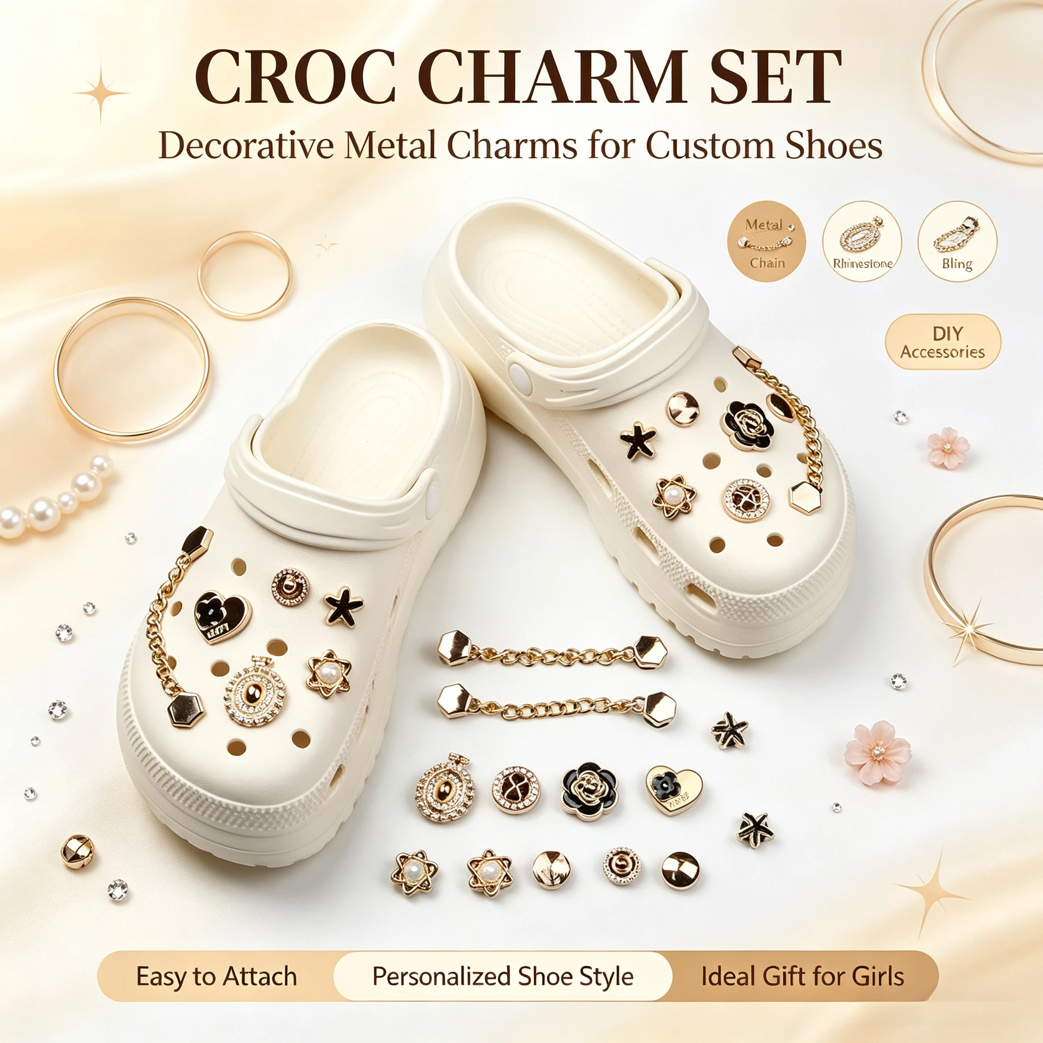 14Pcs Luxury Gold Metal Shoe Charms Rhinestone Flower Star Chain Decorations Removable Clog Shoe Ornaments DIY Hole Accessories