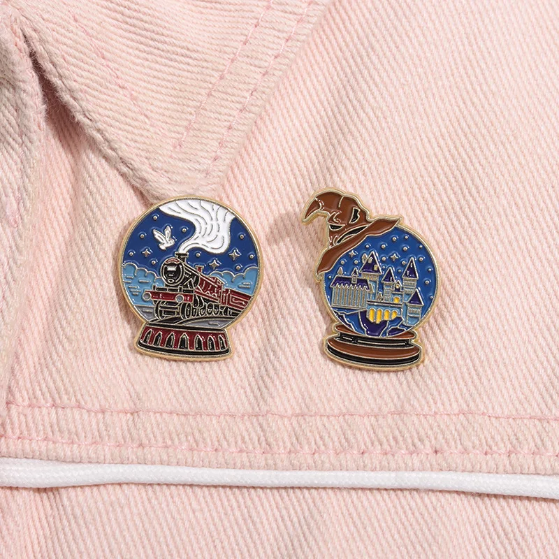 Cartoon crystal ball magic hat shaped baking paint brooch personalized creativity train house scenery oil painting pattern badge image 4