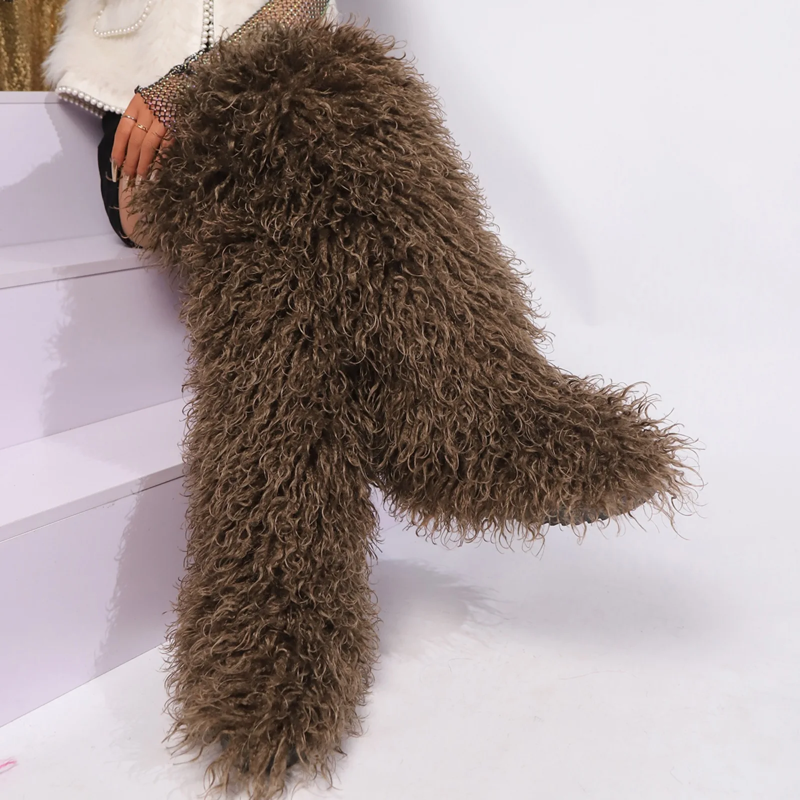 

Mongolian Fur Boots Thigh High For Women Plus Size 46 Winter 2025 New Flat Heel Long Fluffy Boots