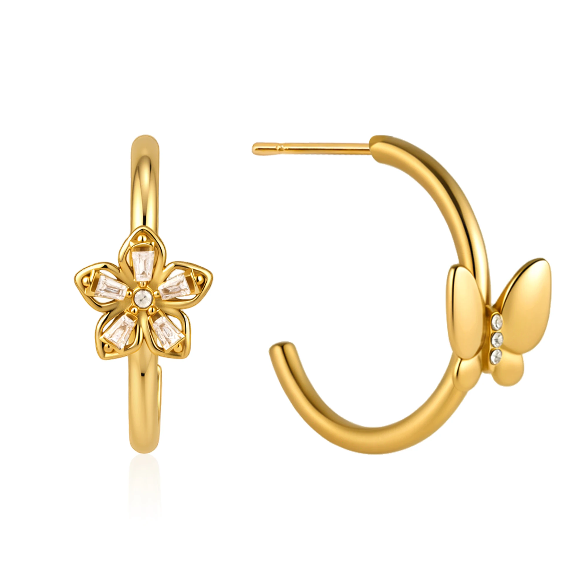 Spark & Co Asymmetric Crystal Butterfly Zircon Flower Stud For Women 18K Gold Plated Stainless Steel Earrings Gift