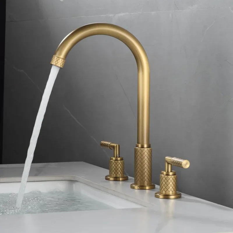 Antique Basin Faucet Total Brass Black Bathroom Brushed Gold Sink Faucets 3 Hole Hot And Cold Waterfall Water Tap