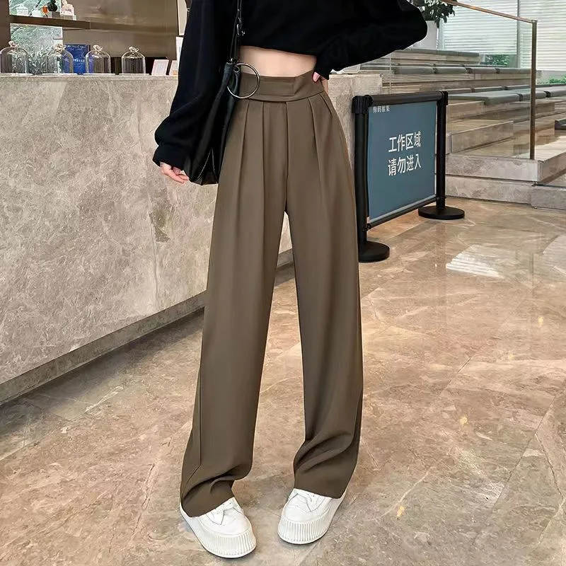 Women's New Solid Color Wide Leg Pants High Waist Pleated Contrast Waistband Loose Comfortable Versatile Casual Daily Wear Pants