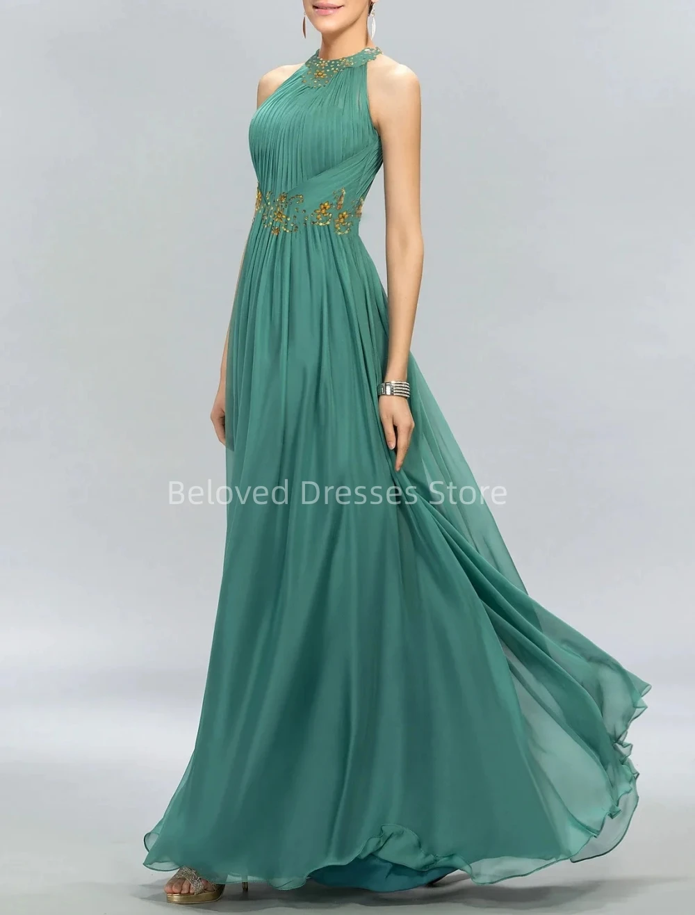 

Chiffon With Pleats A-Line Formal Evening Dresses for Women Halter Neck Sleeveless Floor Length Wedding Dress Robes De Soiré