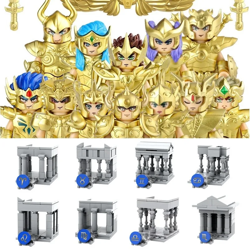 New 12 Constellations Gold Saint Seiya Sanctuary Set With Clock Temple Building Blocks Mini Action Figure Toys